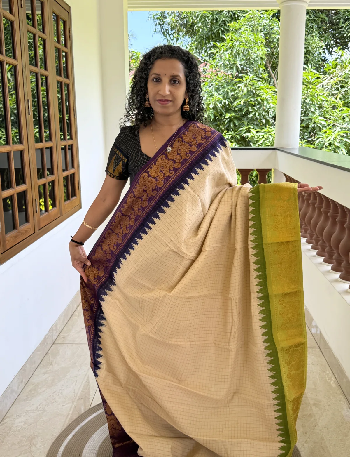 Cream Madurai Sungudi Cotton Saree with Violet & Parrot Green Ganga Jamuna Border